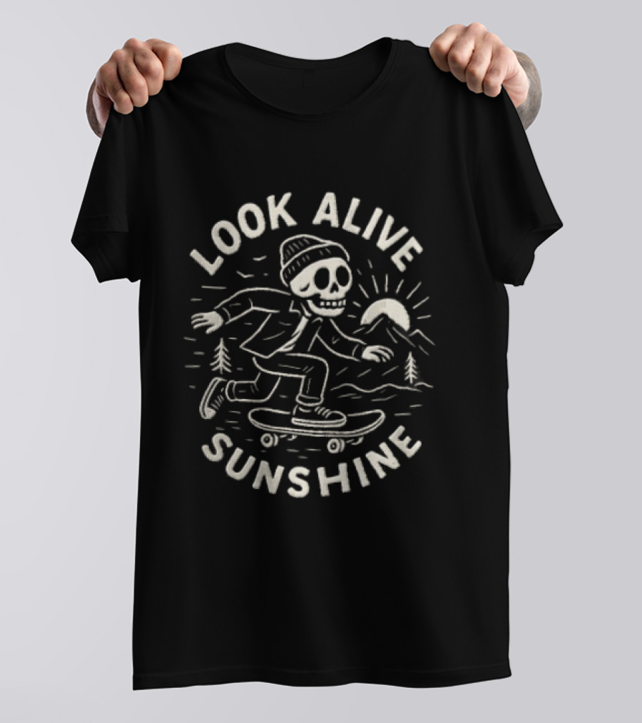 Look Alive Sunshine Skeleton Skateboarding With Beanie And Sunrise Scene T-Shirt