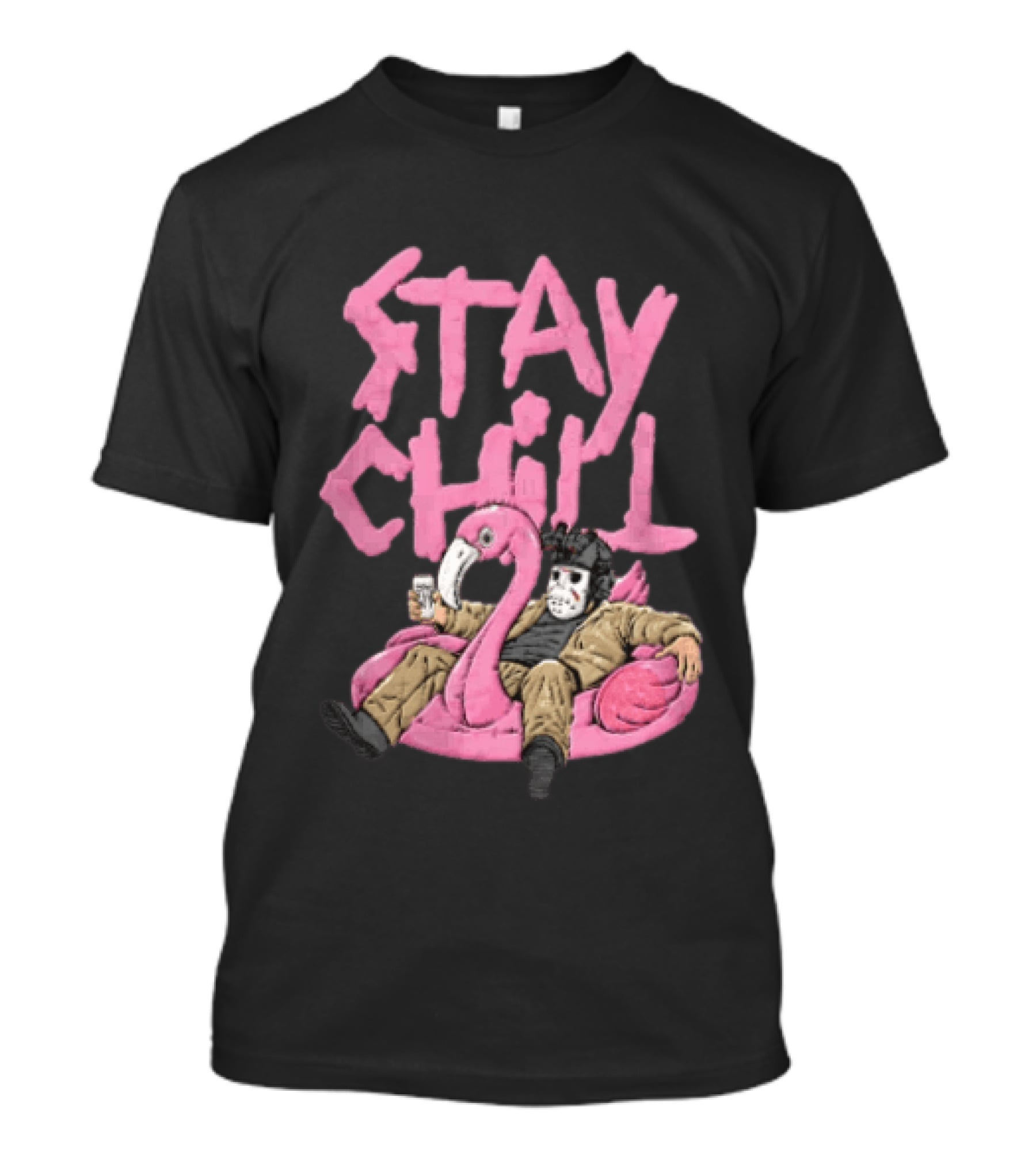 Stay Chill Jason Voorhees Energy Drink Pink Flamingo Float T-Shirt