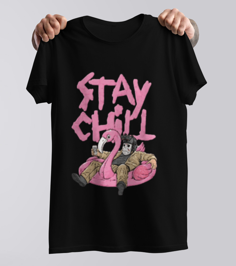 Stay Chill Jason Voorhees Energy Drink Pink Flamingo Float T-Shirt