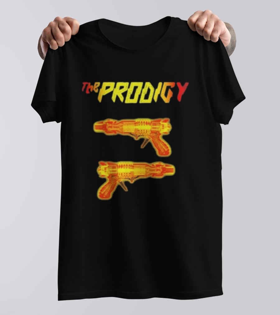 The Prodigy Rayguns Yellow And Red Bold Lettering With Dual Ray Guns T-Shirt