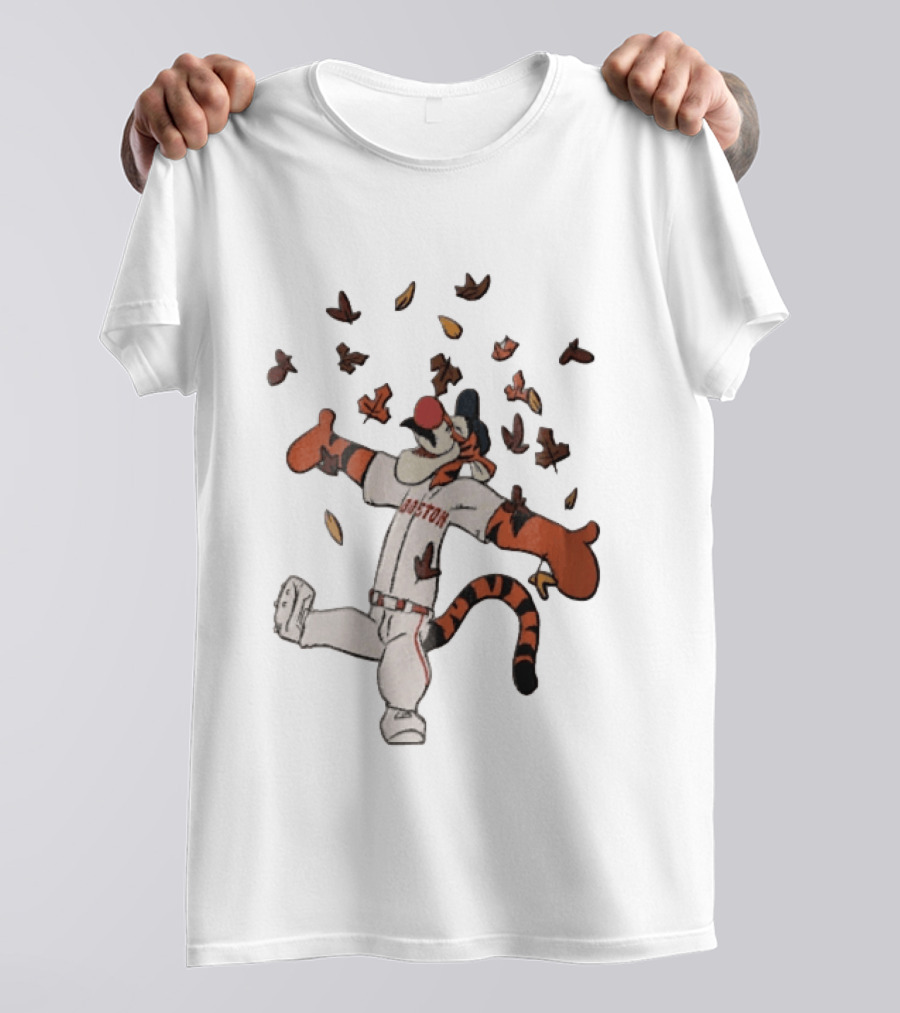 Tigger In Boston Baseball Uniform Enjoying Falling Leaves T-Shirt