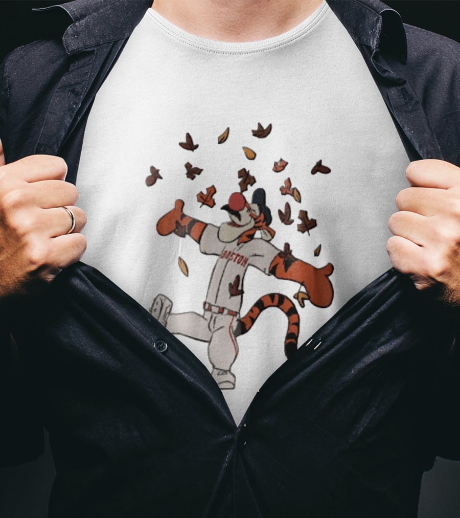 Tigger In Boston Baseball Uniform Enjoying Falling Leaves T-Shirt