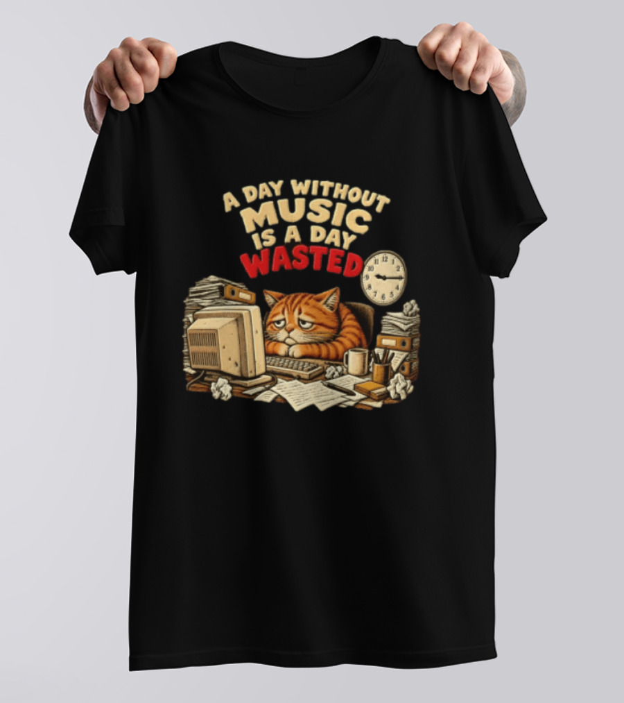 A Day Without Music Is A Day Wasted Sad Orange Cat Office Desk Motivation T-Shirt