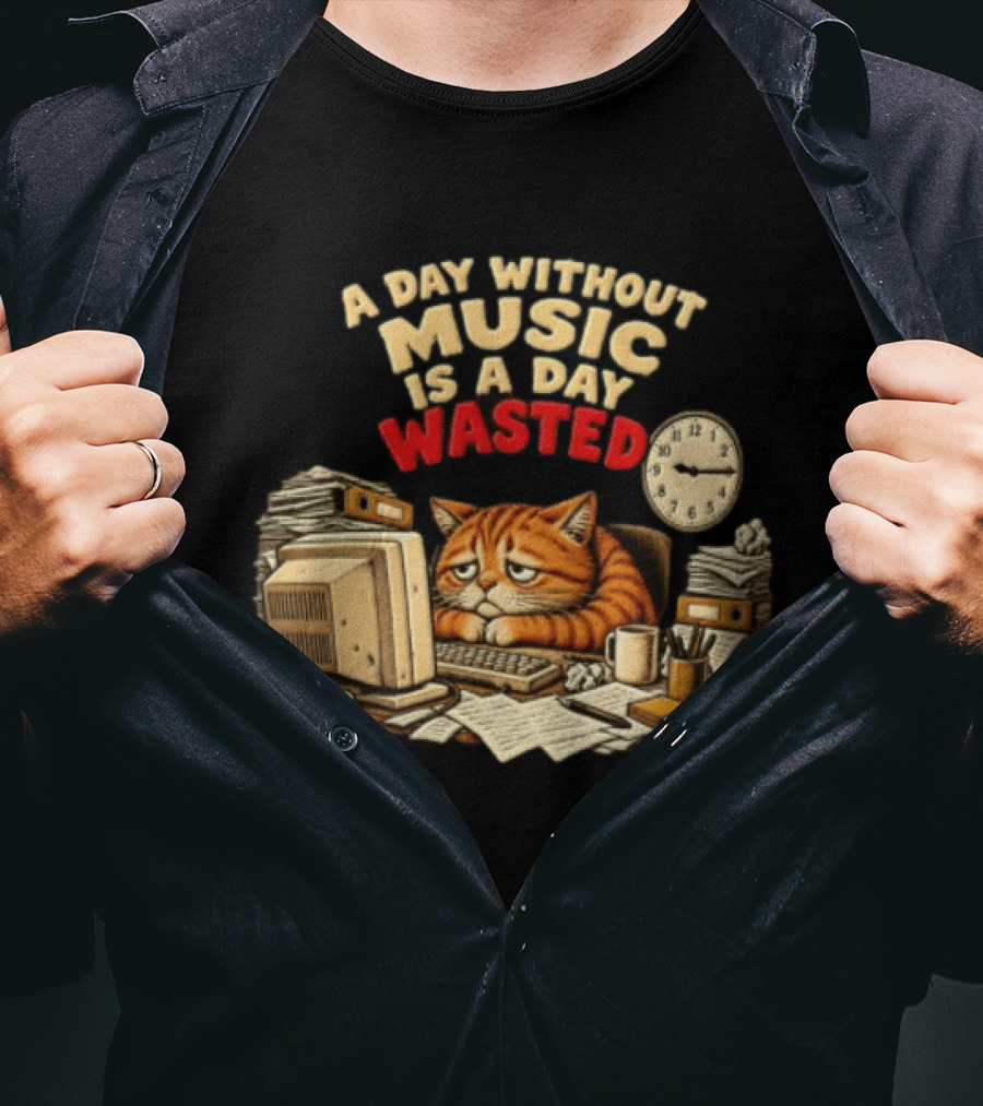 A Day Without Music Is A Day Wasted Sad Orange Cat Office Desk Motivation T-Shirt