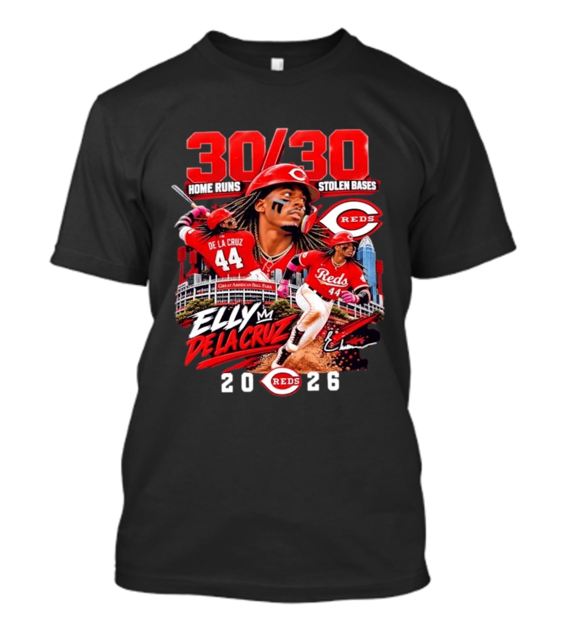 30 30 Home Runs Stolen Bases Elly De La Cruz Cincinnati Reds 44 Great American Ball Park 2026 T-Shirt