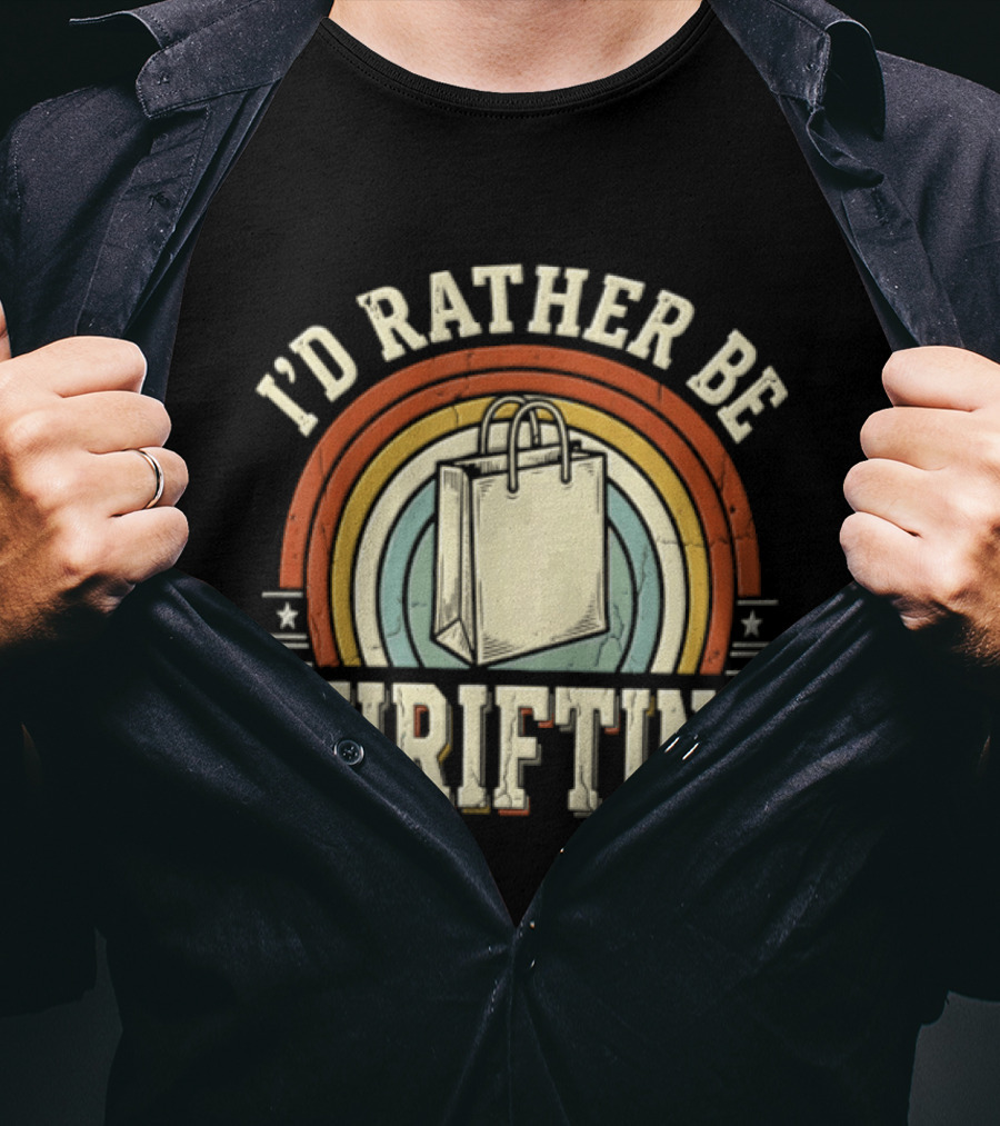 I'd Rather Be Thrifting Shopping Bag Retro Rainbow Stars T-Shirt