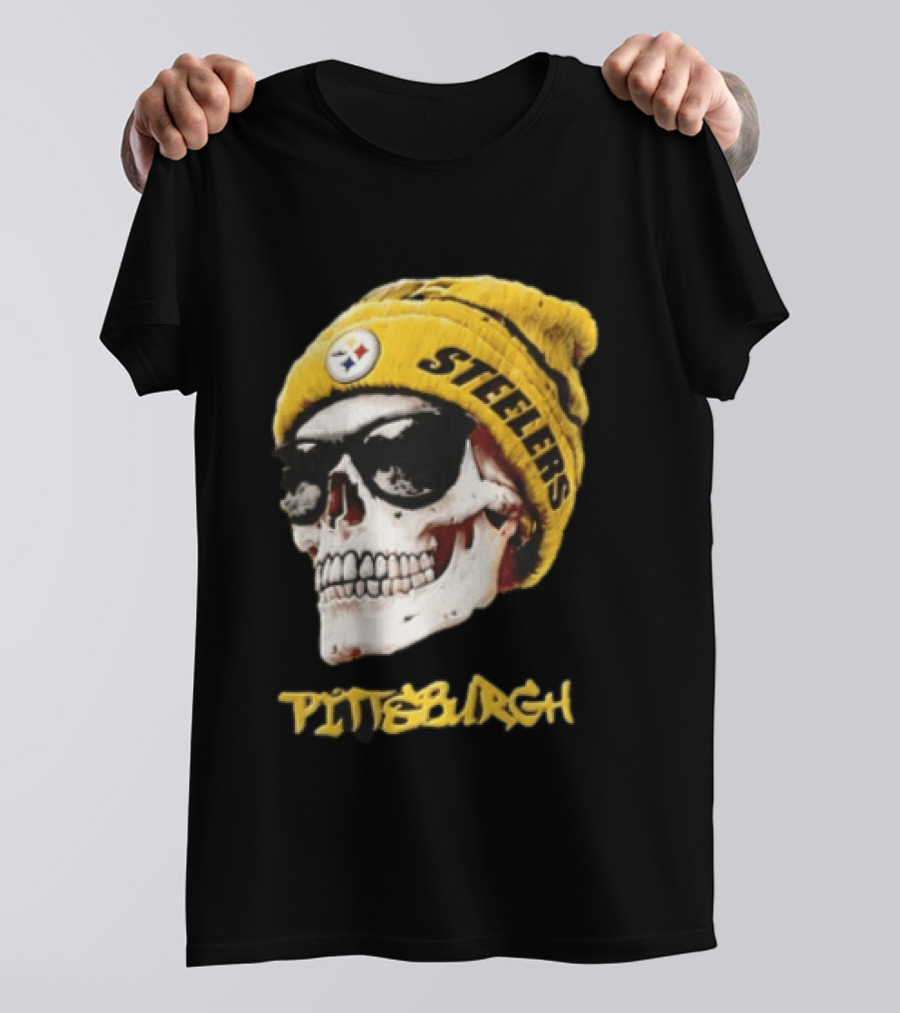 Pittsburgh Steelers Skull Yellow Beanie Sunglasses T-Shirt
