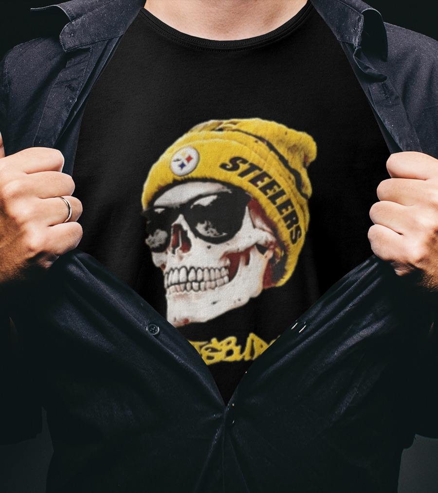Pittsburgh Steelers Skull Yellow Beanie Sunglasses T-Shirt