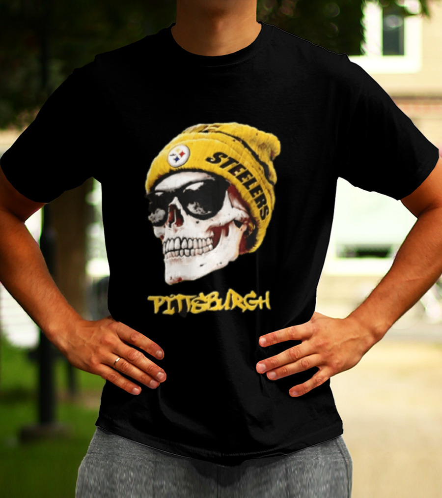 Pittsburgh Steelers Skull Yellow Beanie Sunglasses T-Shirt