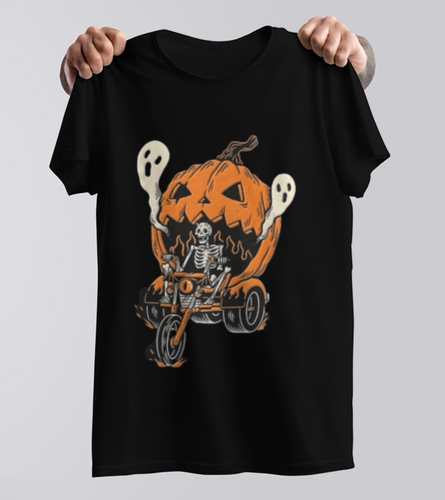Skeleton Riding Tricycle Inside Giant Pumpkin With Ghosts Halloween T-Shirt