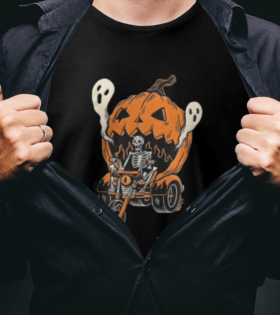 Skeleton Riding Tricycle Inside Giant Pumpkin With Ghosts Halloween T-Shirt