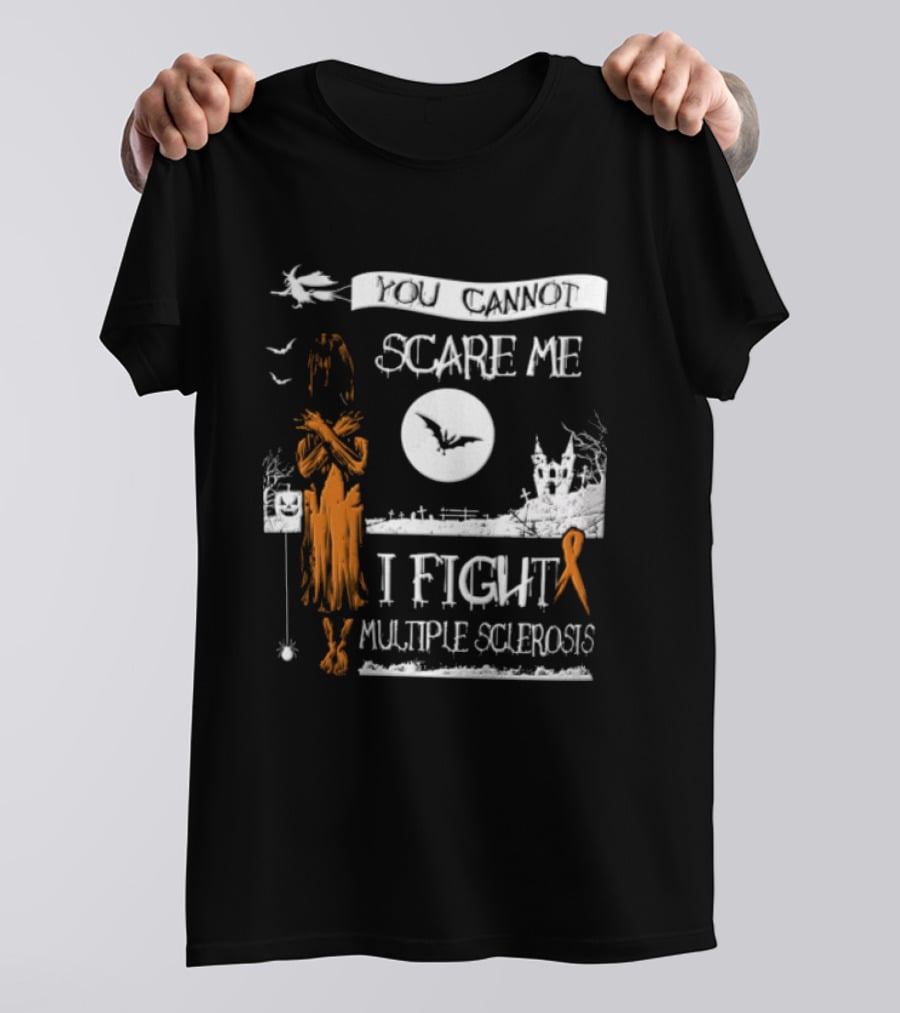 You Cannot Scare Me I Fight Multiple Sclerosis Halloween Witch Bats Moon Cemetery Ribbon T-Shirt