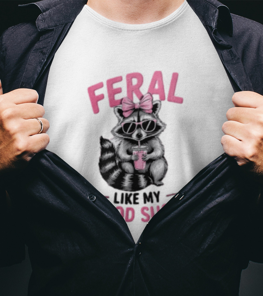 Feral Like My Blood Sugar Raccoon Pink Bow Sunglasses Drinking T-Shirt