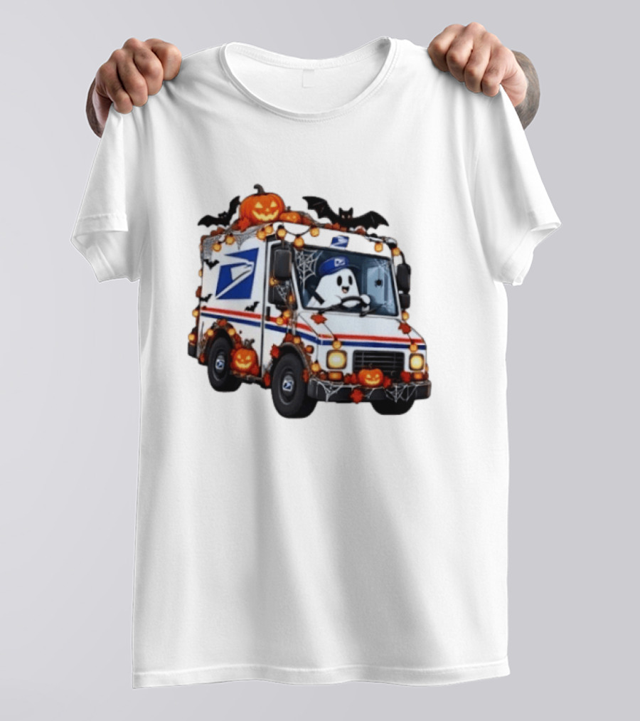 Halloween Ghost Driving USPS Mail Truck With Pumpkins And Bats T-Shirt