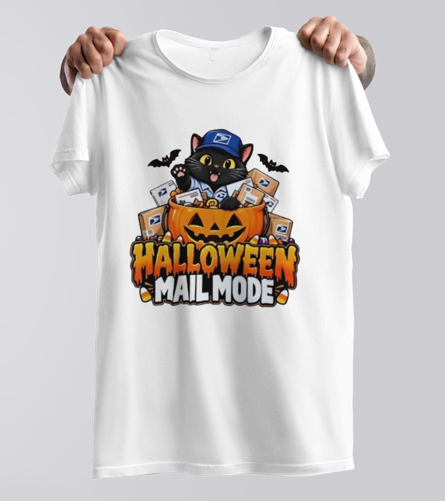 Halloween Mail Mode USPS Black Cat Pumpkin Postal Carrier T-Shirt