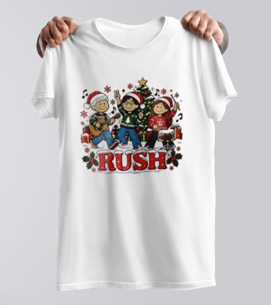Rush Christmas Cartoon Characters Playing Instruments Festive Holiday Scene T-Shirt