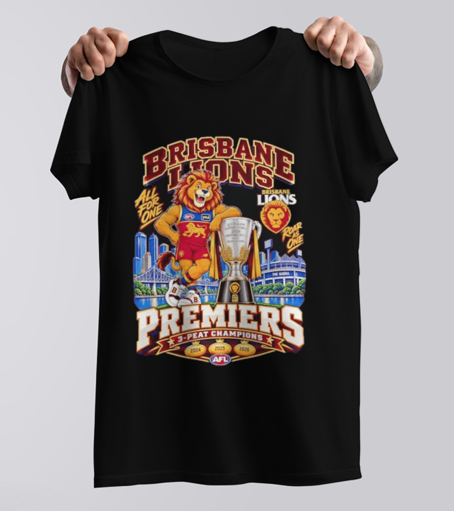Brisbane Lions 2026 AFL Premiers 3 Peat Champions Roar As One T-Shirt