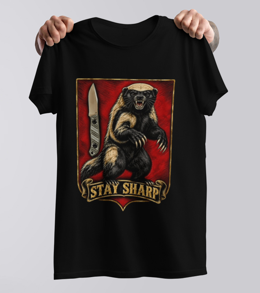 Stay Sharp Wolverine Knife Red Shield T-Shirt