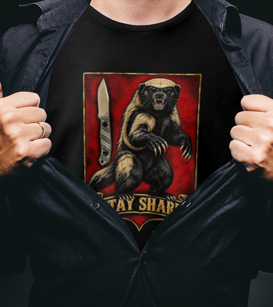 Stay Sharp Wolverine Knife Red Shield T-Shirt