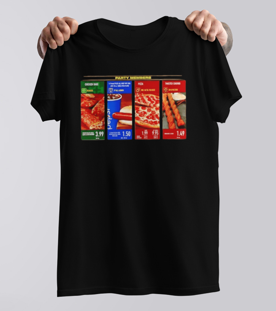 Party Members Menu Chicken Bake Sage Paladin Beverage Hot Dog Black Mage Pepperoni Pizza Dancer Twisted Churro T-Shirt