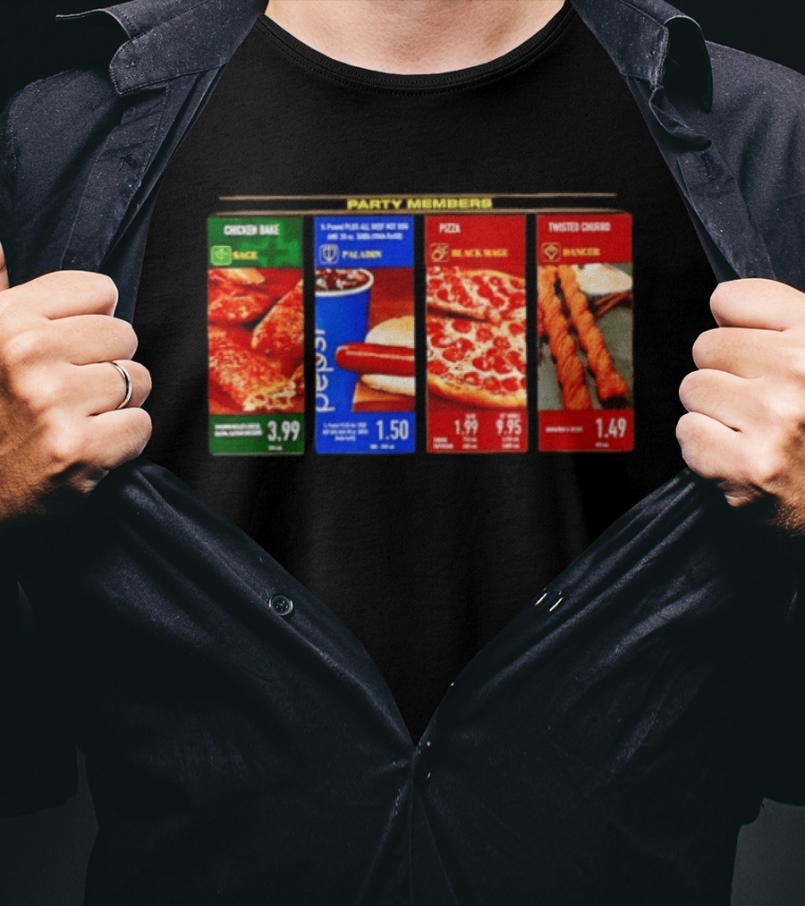 Party Members Menu Chicken Bake Sage Paladin Beverage Hot Dog Black Mage Pepperoni Pizza Dancer Twisted Churro T-Shirt
