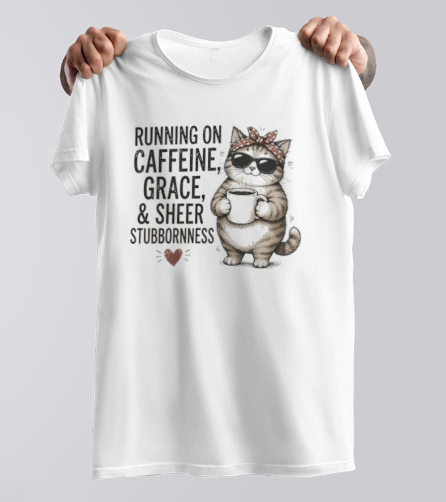 Cat Running On Caffeine Grace Sheer Stubbornness With Bandana And Coffee T-Shirt