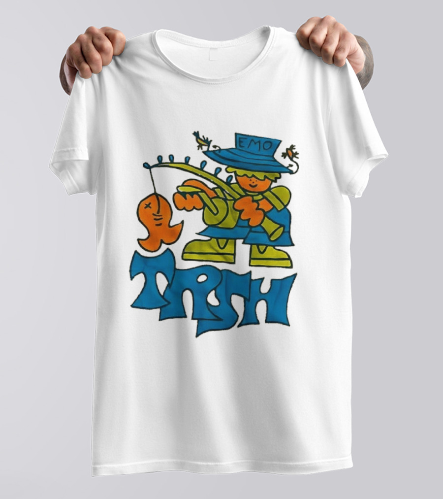 Emo Trsh Cartoon Fisherman Catching Orange Fish Wearing Blue And Green Outfit T-Shirt