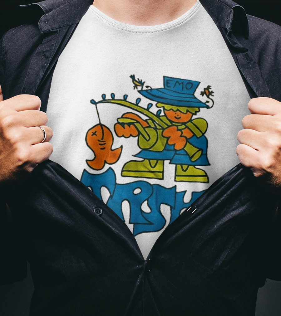 Emo Trsh Cartoon Fisherman Catching Orange Fish Wearing Blue And Green Outfit T-Shirt