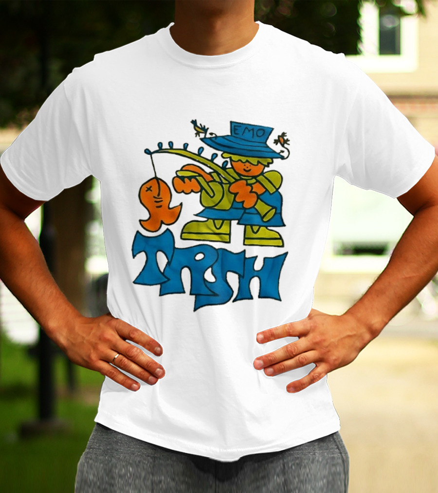 Emo Trsh Cartoon Fisherman Catching Orange Fish Wearing Blue And Green Outfit T-Shirt