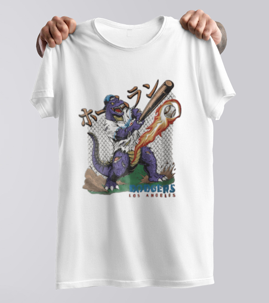 Dodgers Los Angeles Purple Dinosaur Baseball Player Batting With Flaming Ball T-Shirt