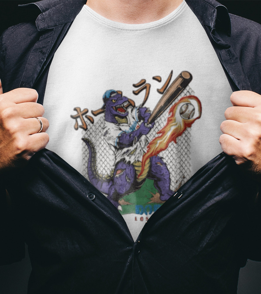 Dodgers Los Angeles Purple Dinosaur Baseball Player Batting With Flaming Ball T-Shirt