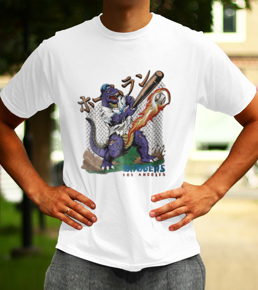 Dodgers Los Angeles Purple Dinosaur Baseball Player Batting With Flaming Ball T-Shirt