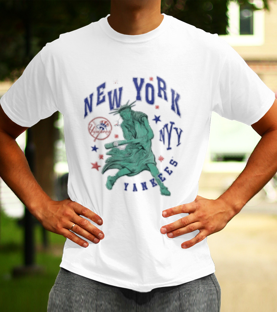 New York Yankees NYY Statue Of Liberty Swinging Baseball Bat MLB Red Stars T-Shirt