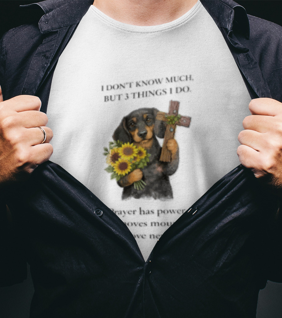I Don't Know Much But 3 Things I Do Prayer Has Power Faith Moves Mountains God's Love Dog Holding Cross And Sunflowers T-Shirt