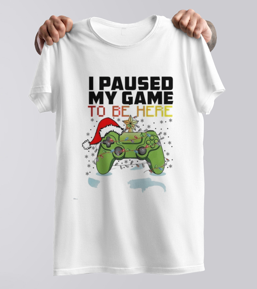 I Paused My Game To Be Here Christmas Gamer Controller Holiday Lights Santa Hat T-Shirt