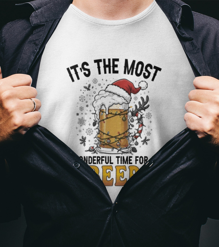 It's The Most Wonderful Time For A Beer Christmas Santa Hat Festive Cheers T-Shirt