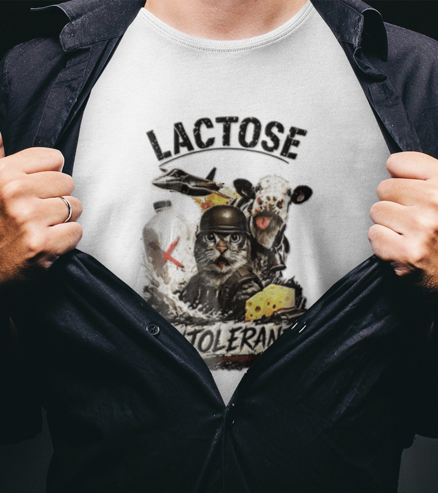 Lactose Intolerant Cat Soldier Cow Milk Cheese Jet T-Shirt