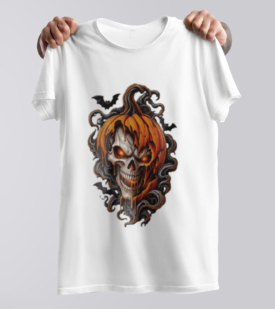 Skull Rage Halloween Pumpkin With Bats And Flames T-Shirt