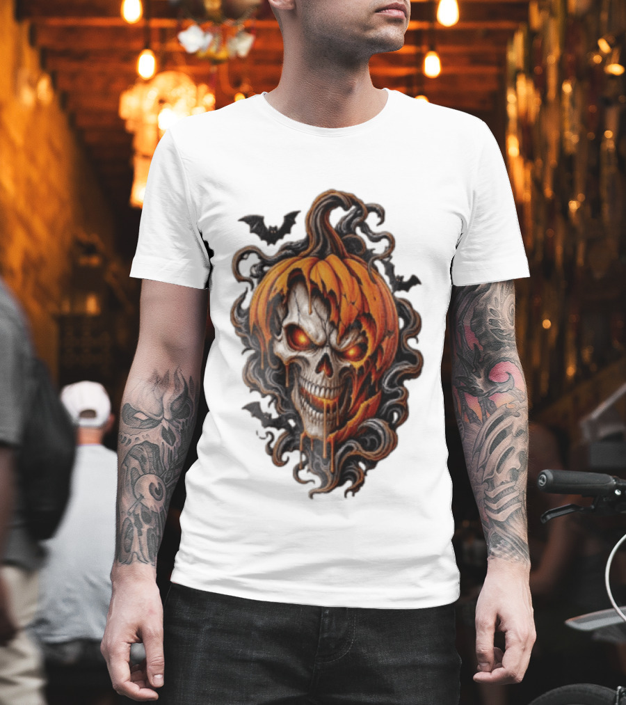Skull Rage Halloween Pumpkin With Bats And Flames T-Shirt
