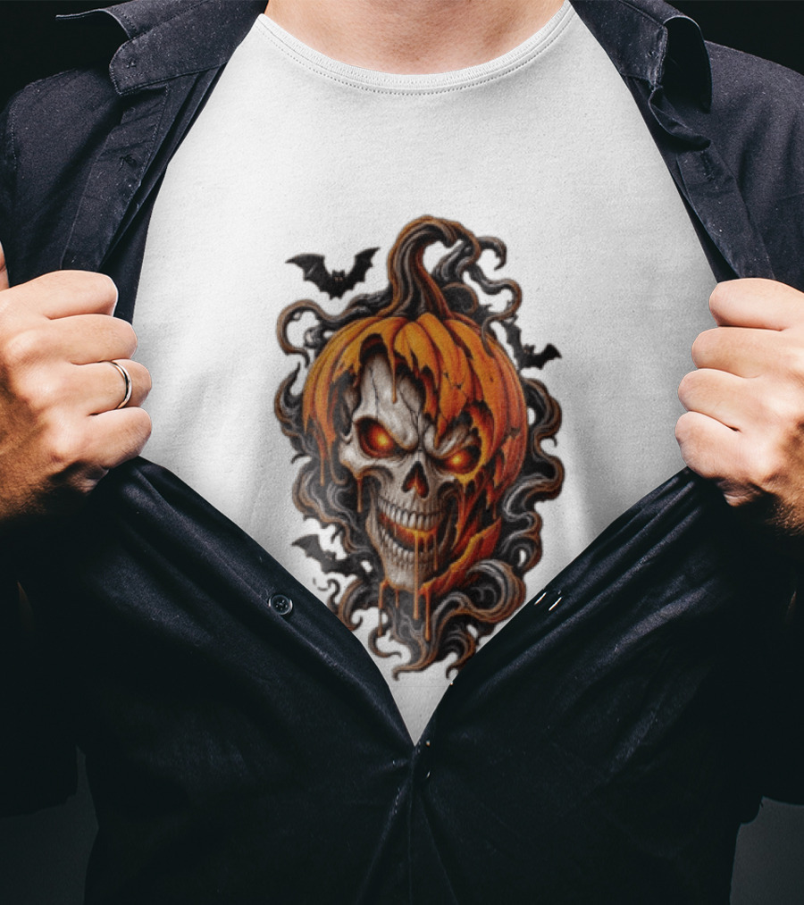 Skull Rage Halloween Pumpkin With Bats And Flames T-Shirt