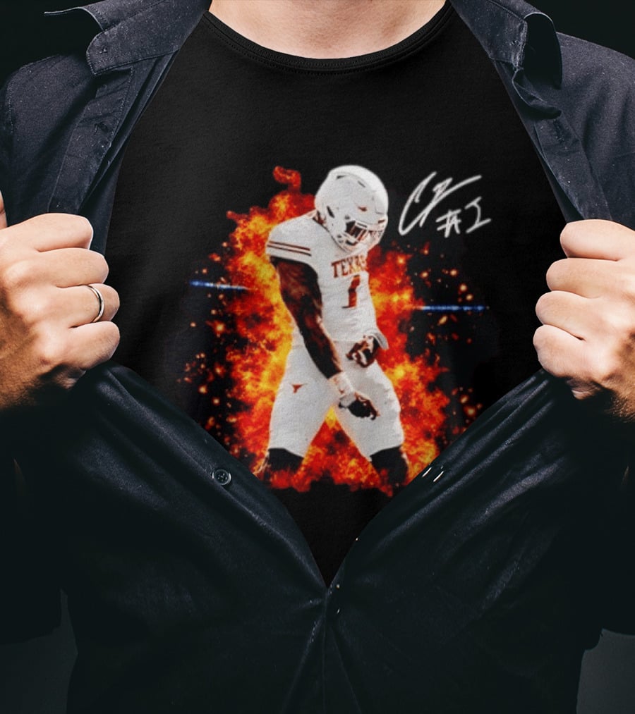 Colin Simmons Texas Longhorns Football Flames And Signature T-Shirt