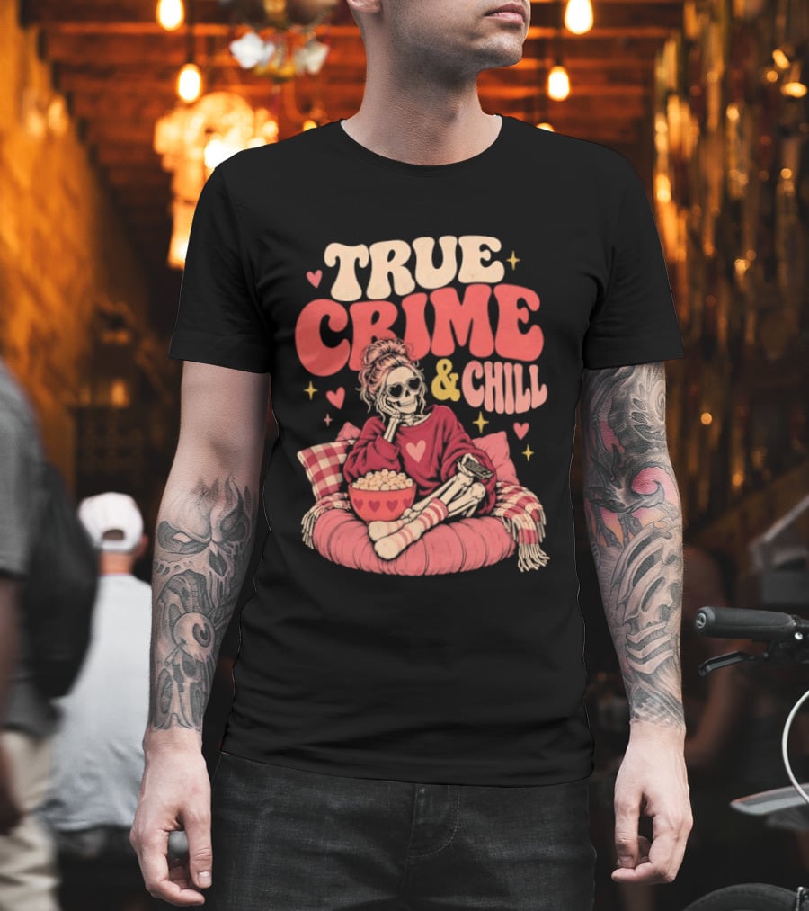 True Crime & Chill Skeleton Halloween 2026 Cozy Popcorn Vibes T-Shirt