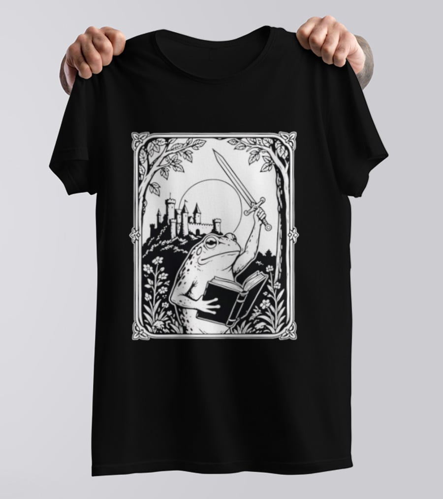 Warrior Frog Reading Book With Sword And Castle In Black And White Scene T-Shirt