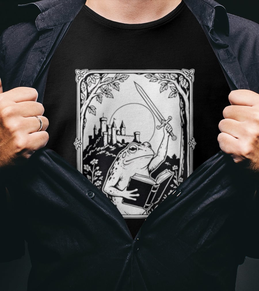 Warrior Frog Reading Book With Sword And Castle In Black And White Scene T-Shirt