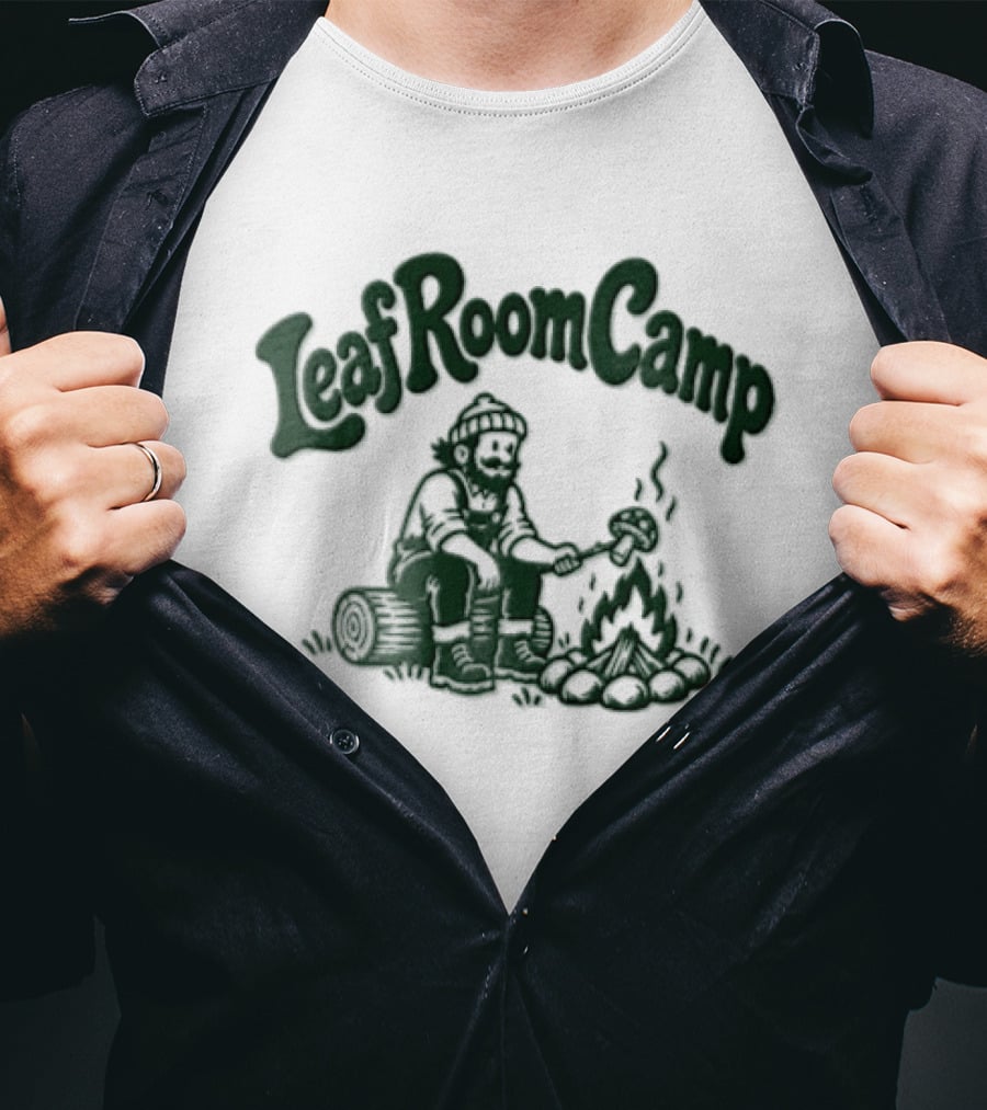 Leaf Room Camp Bearded Man Roasting Mushroom On Log T-Shirt