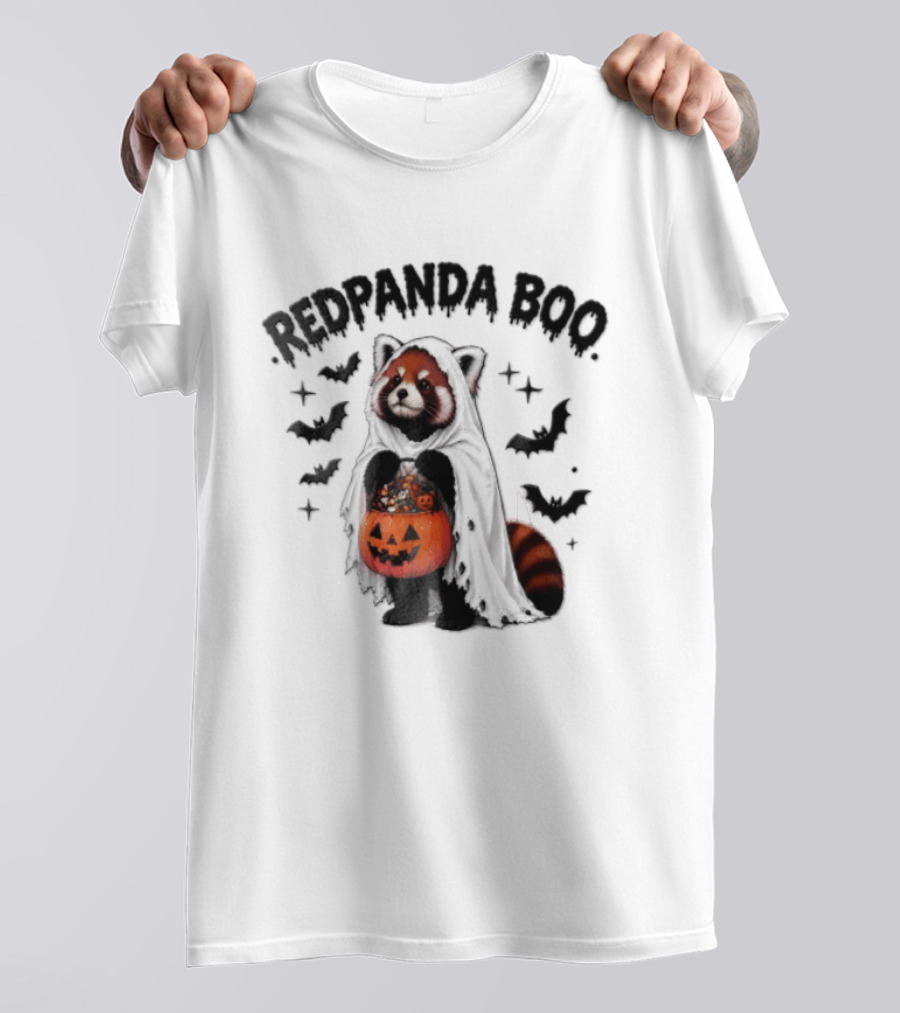 Redpanda Boo Cute Red Panda Costume With Pumpkin Candy Bucket And Bats T-Shirt