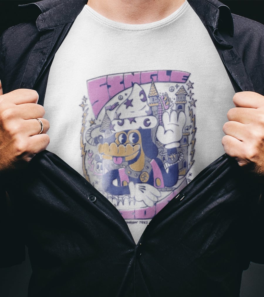 Single Rider Cartoon Dog Wizard With Hat And Spiked Collar Retro Fantasy Scene T-Shirt