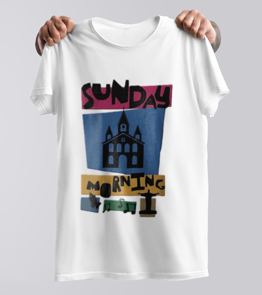 Sunday Morning Church Building Praying Hands Musical Notes Christ The Redeemer T-Shirt