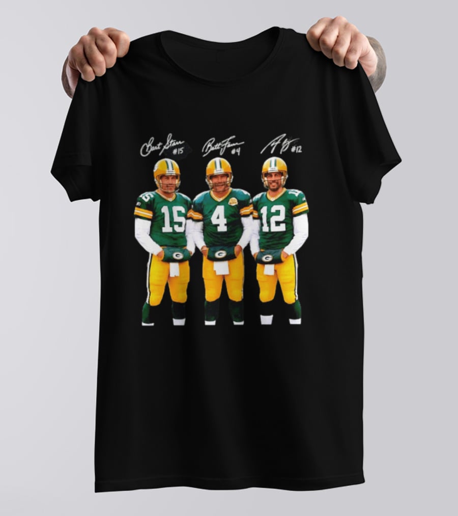 Bart Starr #15 Brett Favre #4 Aaron Rodgers #12 Green Bay Packers Signatures T-Shirt
