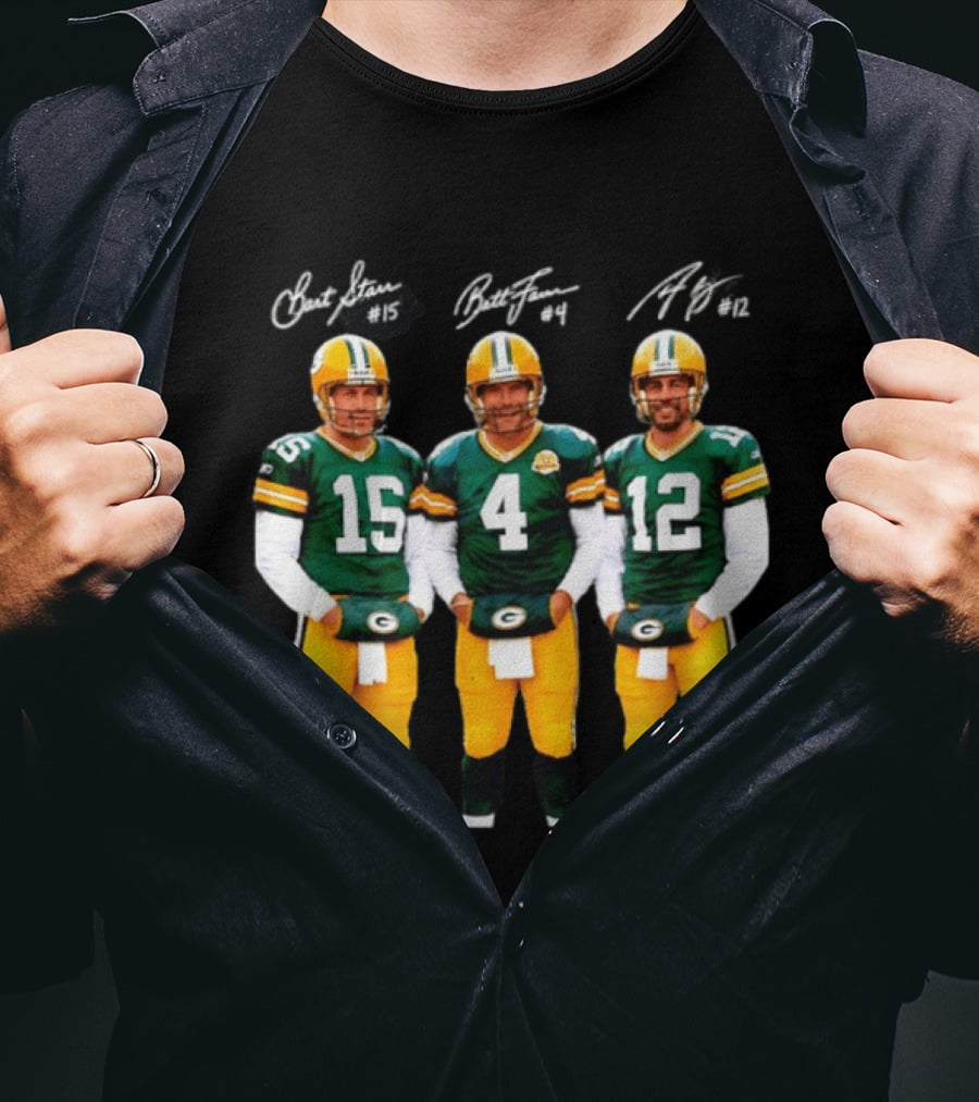 Bart Starr #15 Brett Favre #4 Aaron Rodgers #12 Green Bay Packers Signatures T-Shirt